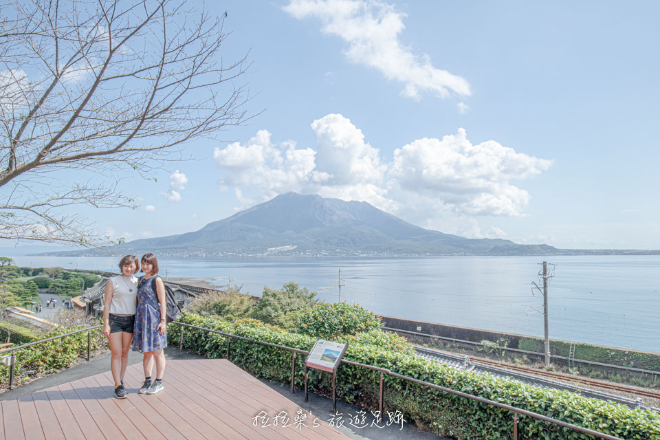 仙巖園中的松風軒2樓露台，除了能遠眺櫻島火山之外，還有櫻花樹呢！